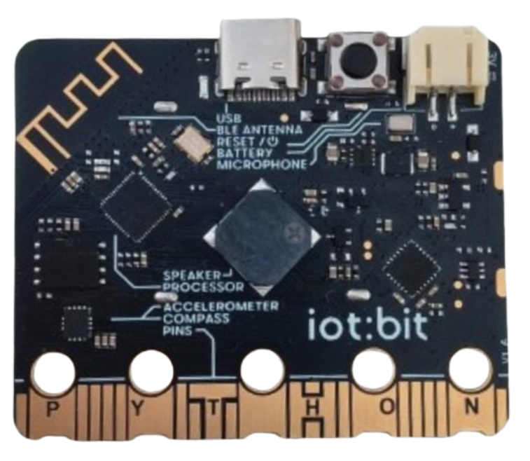 CodiBit back side — ESP32, BLE antenna, USB-C, accelerometer, compass, microphone, buzzer
